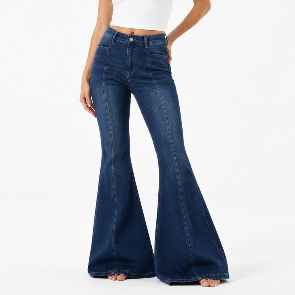 Bell Bottom Jeans Women XL Blue Flare High Rise Stretch Retro 70s Boho Statement
